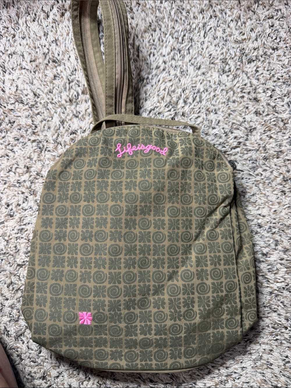 Retired Life Is Good Olive Patterned Sling Backpack with Pink Logo